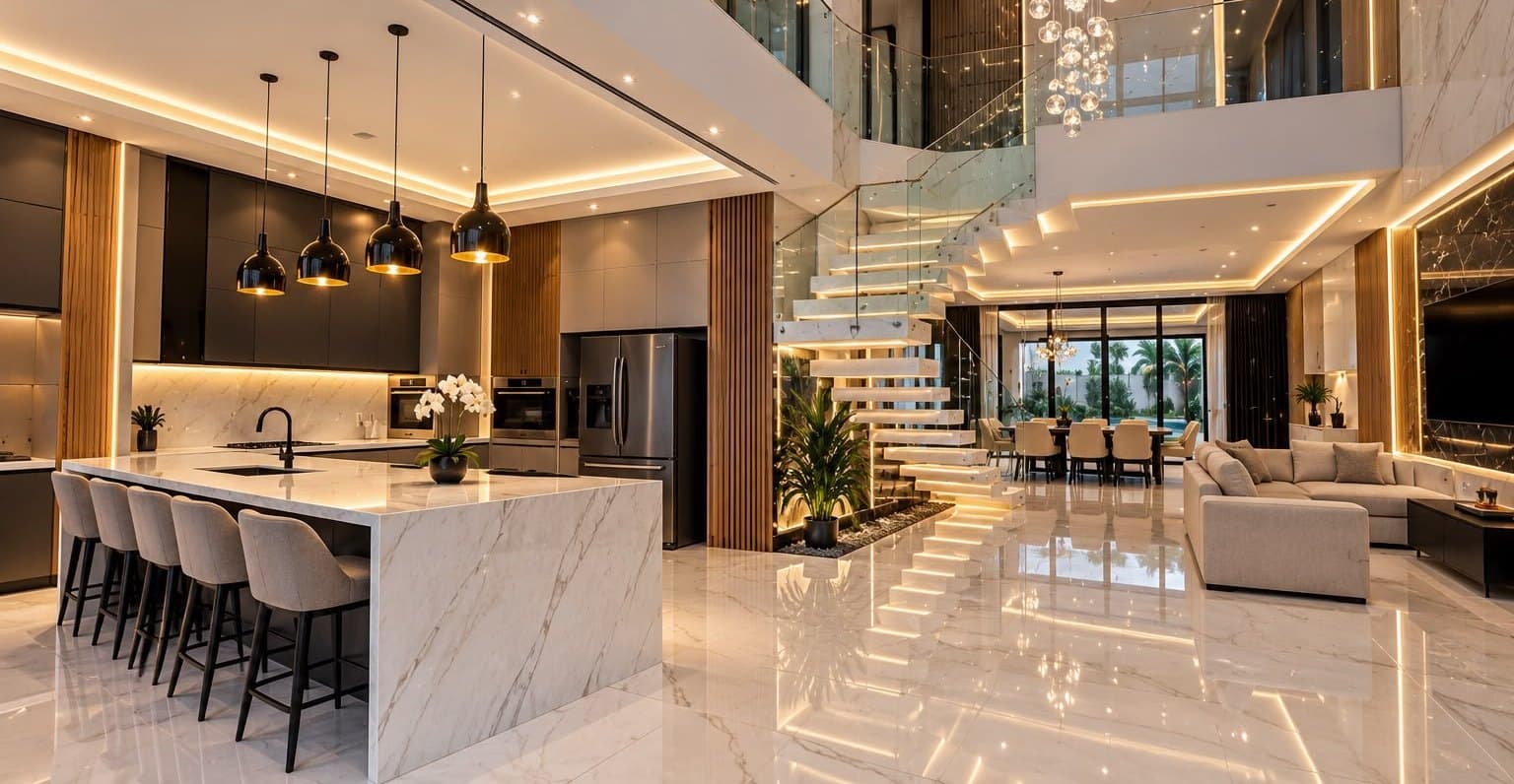 Cocina y sala de doble altura con mármol, escalera flotante e iluminación cálida