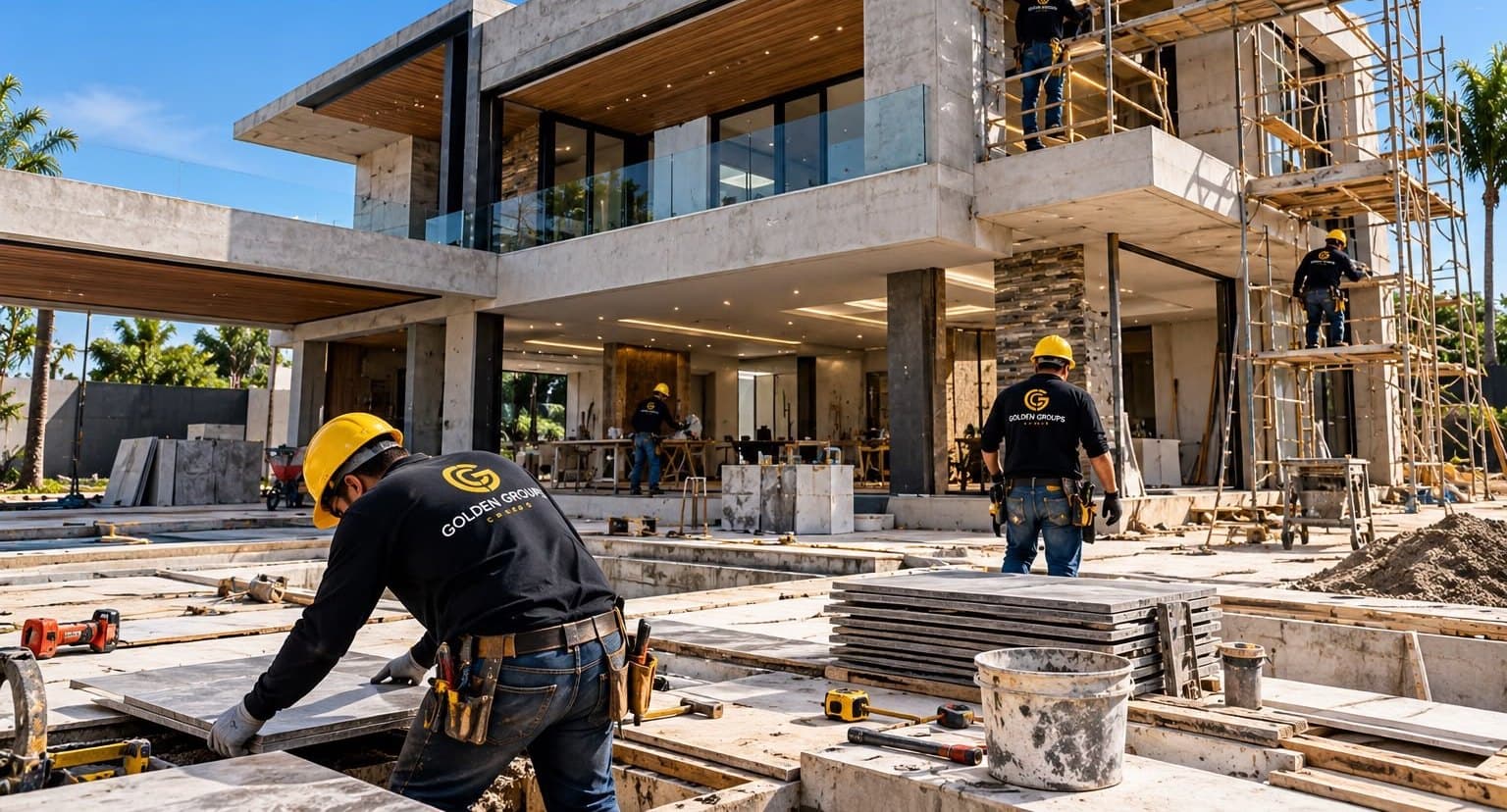 Equipo de Golden Group en obra: residencia moderna de concreto en construcción
